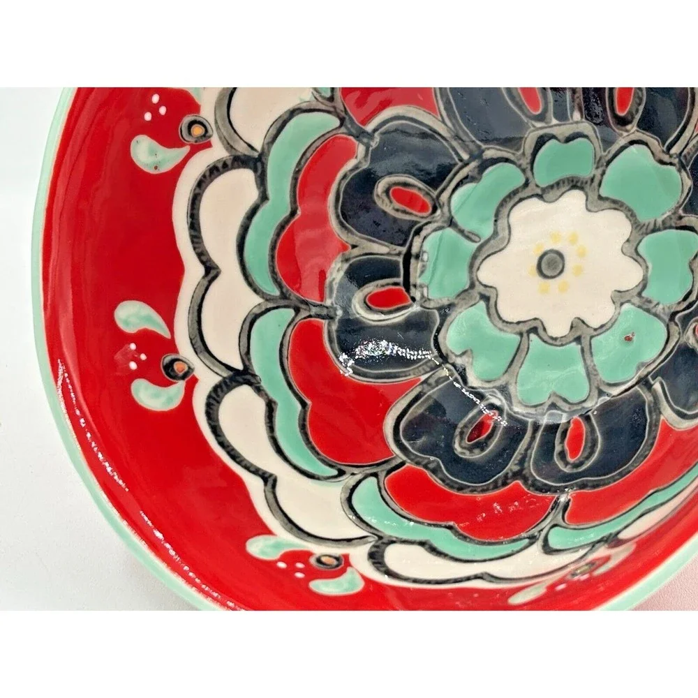 ANTHROPOLOGIE Footed Bowl Akaya Elka Red Bohemian Floral Handpainted Cereal Soup